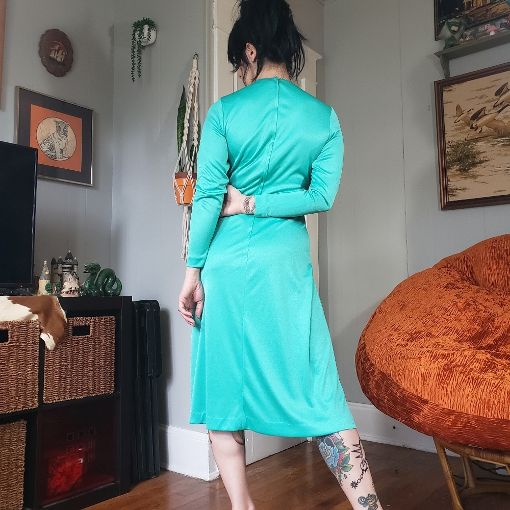 1970s Vintage Seafoam Green Handmade Long-sleeve Midi Dress Medium 70s Retro - Picture 8 of 13
